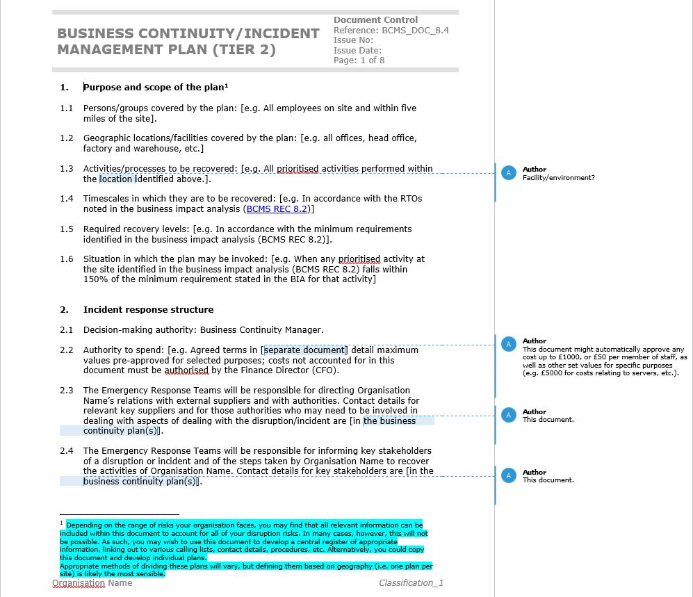 Example of the business continuity plan template included in the ISO22301 BCMS Documentation Toolkit