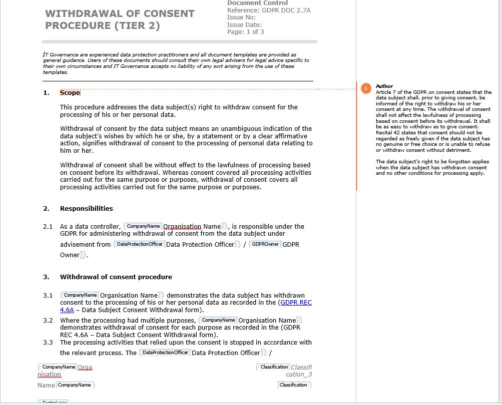 Example of the withdrawal of consent procedure included in the EU GDPR Documentation Toolkit, along with author comments with details on how to complete.